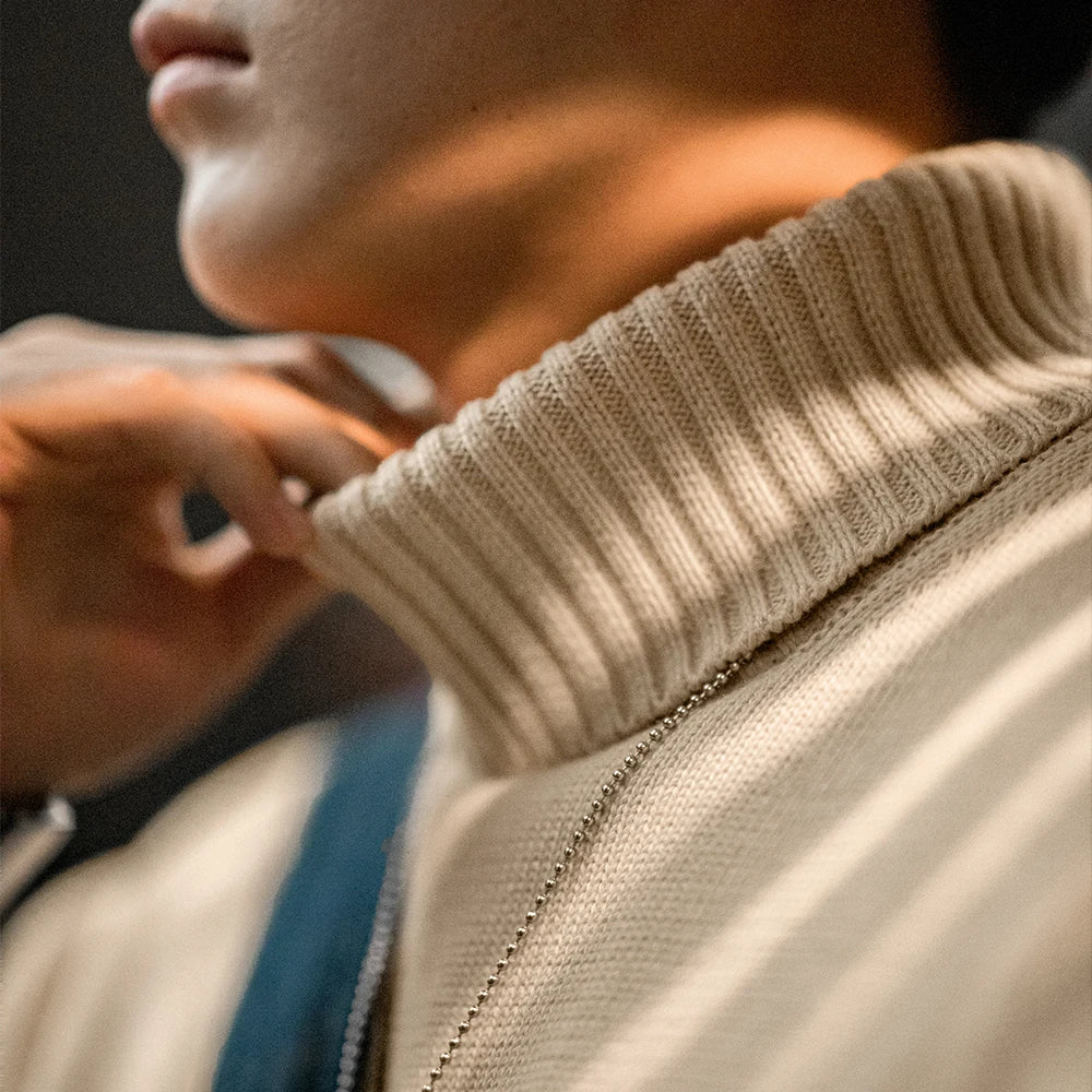 Maden Retro Turtleneck Knitted Sweater Contrasting Color Striped Pullover Warm Versatile Top for Men's Fall and Winter Clothing