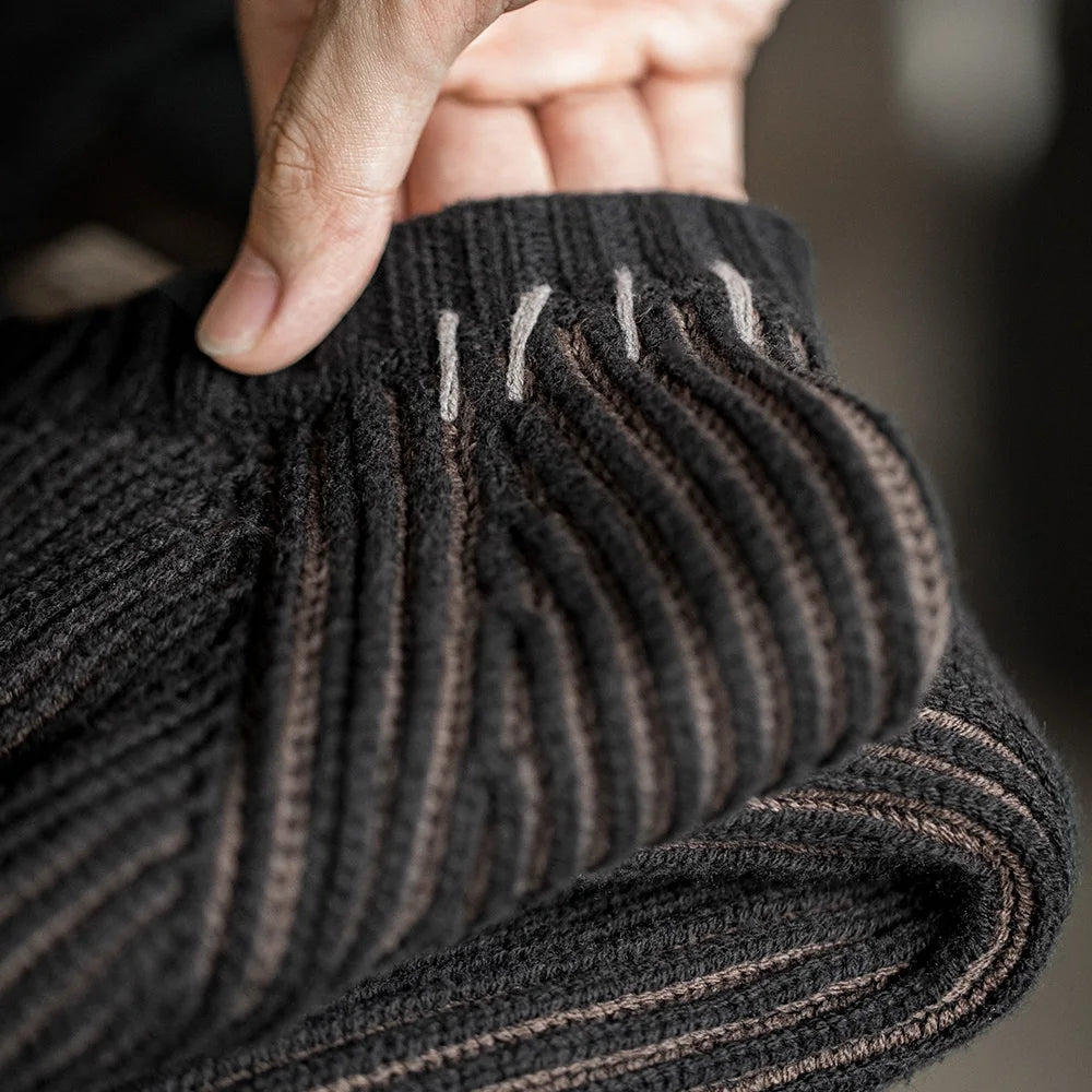 Maden Vintage Vertical Striped Knitted Sweater Round Neck Thick Warm Base Layer for Men's Autumn and Winter  Versatile Pullover