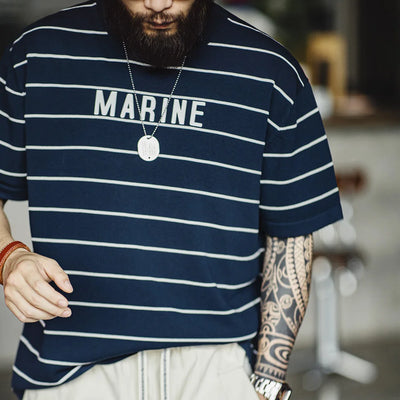 Maden Retro Contrast Striped Short-sleeved T-shirt with Letter Printed Breathable Shirt for Men's Summer Large Size Tops