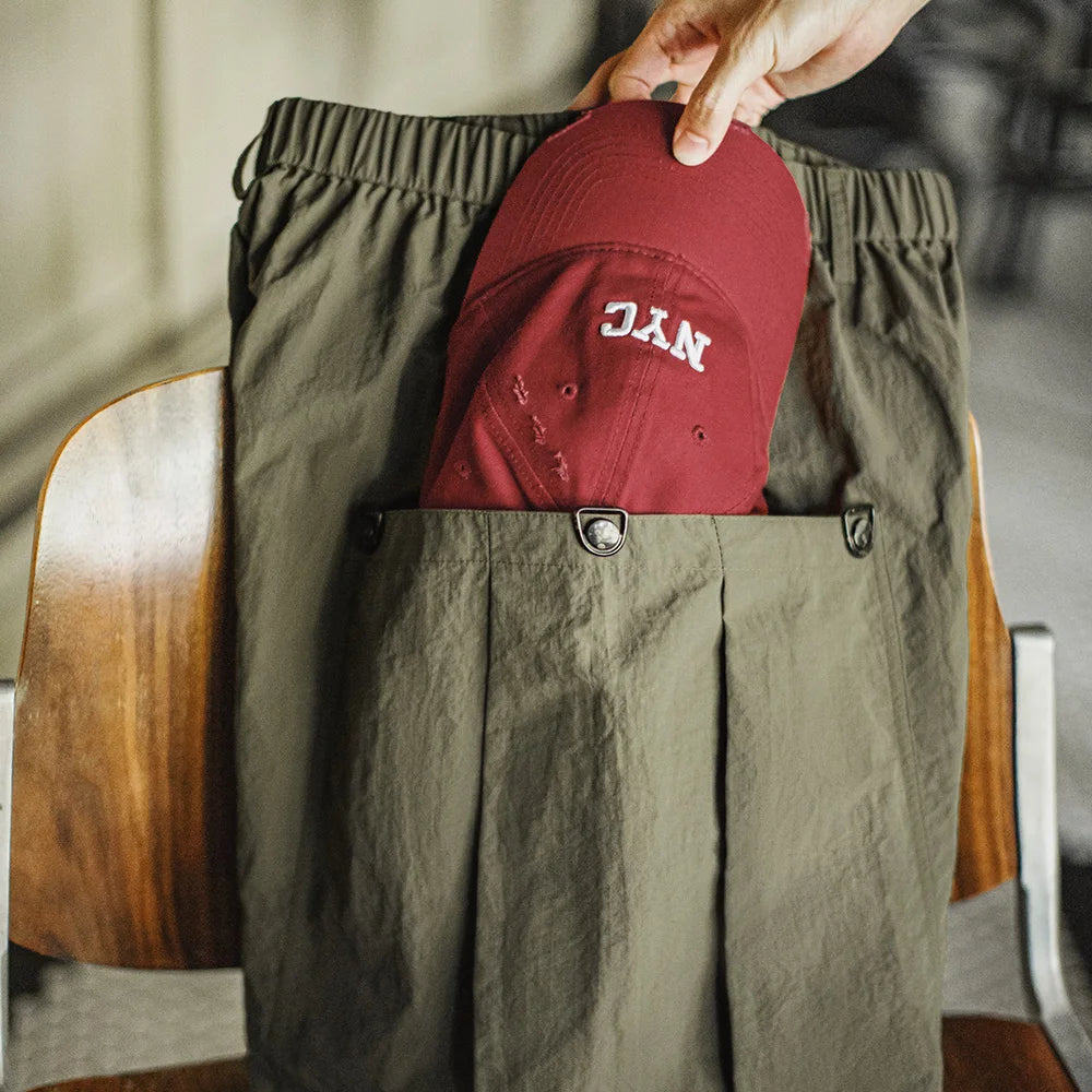 Maden Casual Green Pocket Shorts Men's Summer Lightweight Woven Straight Leg Shorts Elastic Waist Retro Street Versatile Bottoms