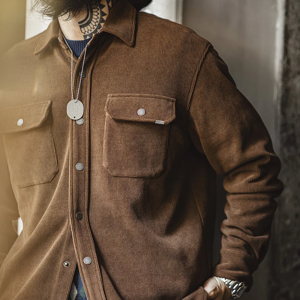 Maden Retro Heavyweight Knitted Velveteen-like Jacket Lapel Solid Color with Pockets Shirt for Men's Autumn and Winter Outwear