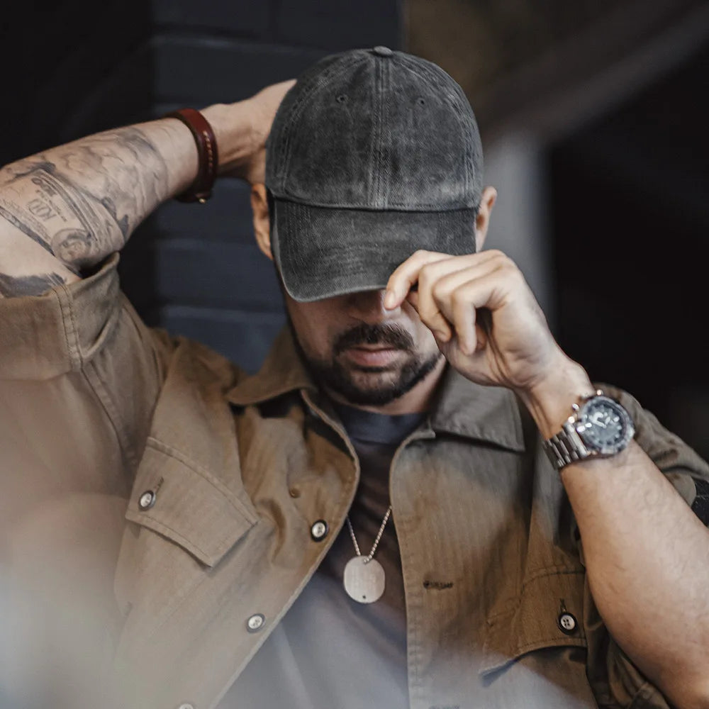 Maden Vintage frayed Baseball Cap Adjustable Gray Peaked Cap Twill Daily Versatile Hat for Men And Women's OOTD