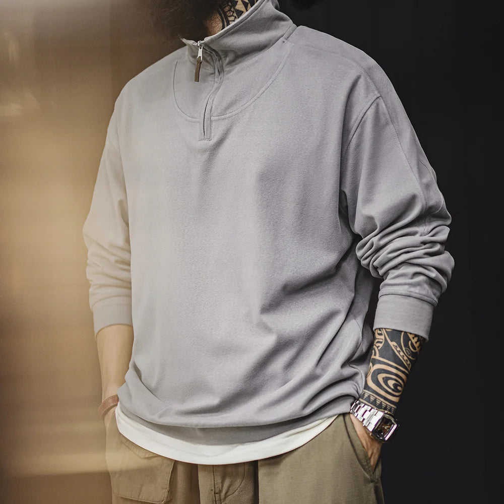 Maden Casual Half-zip Stand-collar Spliced Long-sleeve T-shirt Solid-color Versatile Pullover for Men's Spring and Autumn Tops