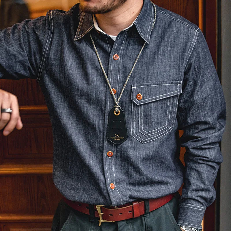 Maden Retro Thin Long-sleeved Denim Shirts Single-breasted Lapel Collar Stitch Design Cotton Men's Spring and Autumn Blouses