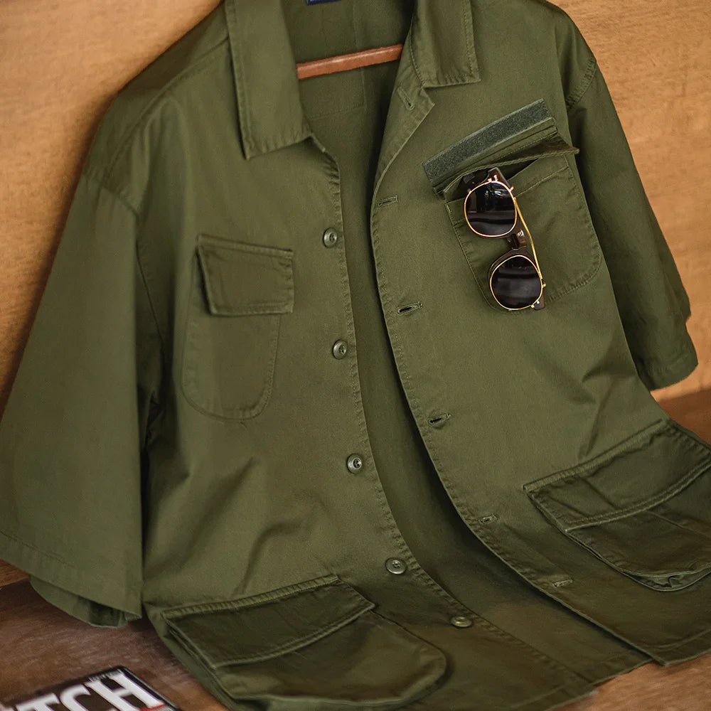 Maden Men Summer Vintage M42 Four Pocket Short Sleeve Shirts Cotton Green Loose Turn-down Collar Shirt Workwear Tops Male XL XXL