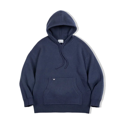 Maden Navy Blue Knitted Hoodie Heavyweight Hooded Knit Pullover Casual Men's Blended Sweater Thickened Outwear Cityboy Workwear