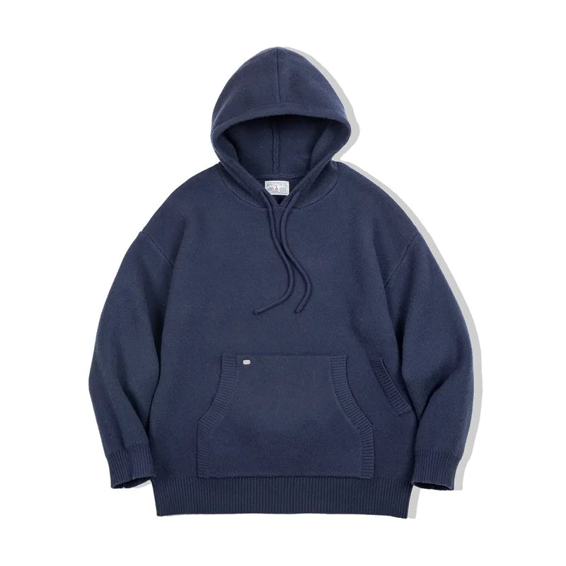 Maden Navy Blue Knitted Hoodie Heavyweight Hooded Knit Pullover Casual Men's Blended Sweater Thickened Outwear Cityboy Workwear