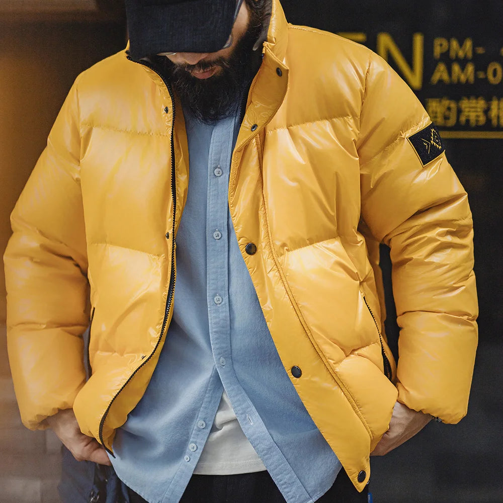 Maden Casual 90% White Duck Down Jacket Yellow Stand Collar Warm Jacket Versatile Puffer Coat for Men Fall and Winter Outerwear