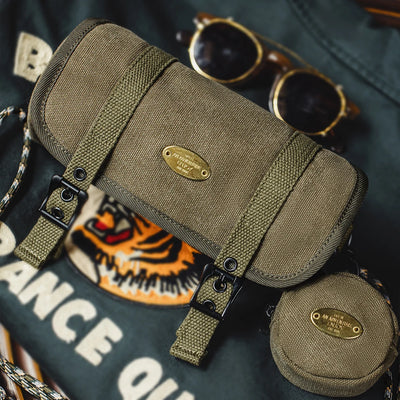 Maden Men's Vintage Canvas Military Green Cylinder Bag Woven Shoulder Strap Crossbody Commuter Bag & Detachable Coin Purse