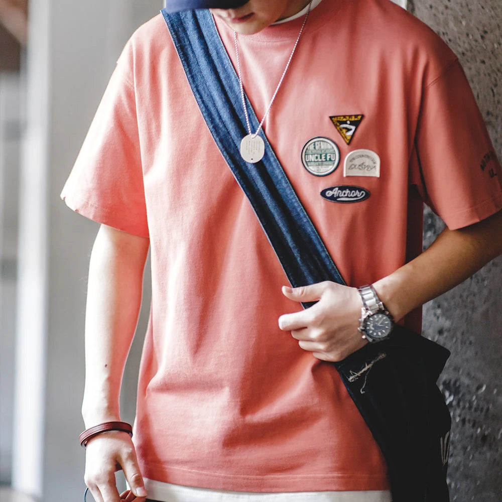 Maden New Casual Embroidered Badge Design Short-sleeved T-shirt with Pure Cotton Round Neck Tee for Men's Summer Tops