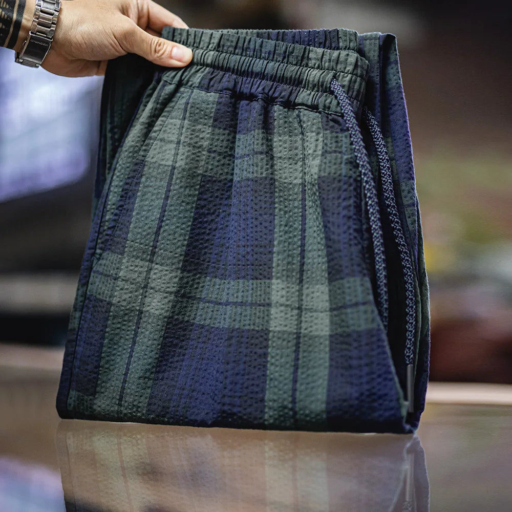 Maden Men's Vintage Tartan Trousers Lightweight Seersucker Pants with Elastic Waist Classic Casual Pants for Summer and Fall