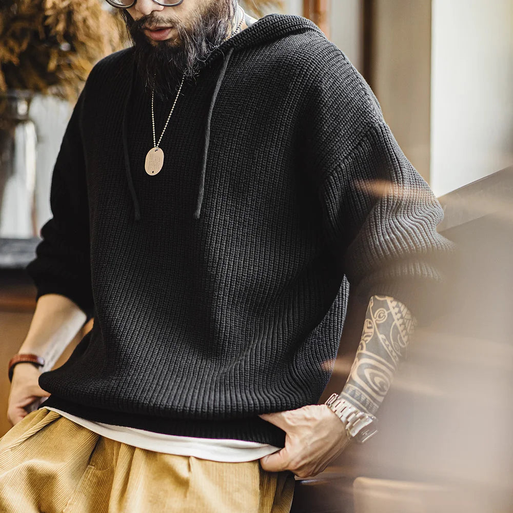 Maden Casual Henley Collar Knitted Hooded Sweatshirt Loose Solid Color Pullover for Men's Autumn and Winter Warm Versatile Tops