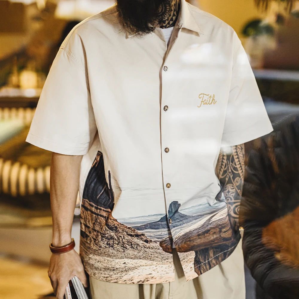 Maden Vintage Inkjet Print Cuban Collar Short Sleeve Shirt Men's Summer Loose Embroidered Letter Single Breasted Vacation Blouse