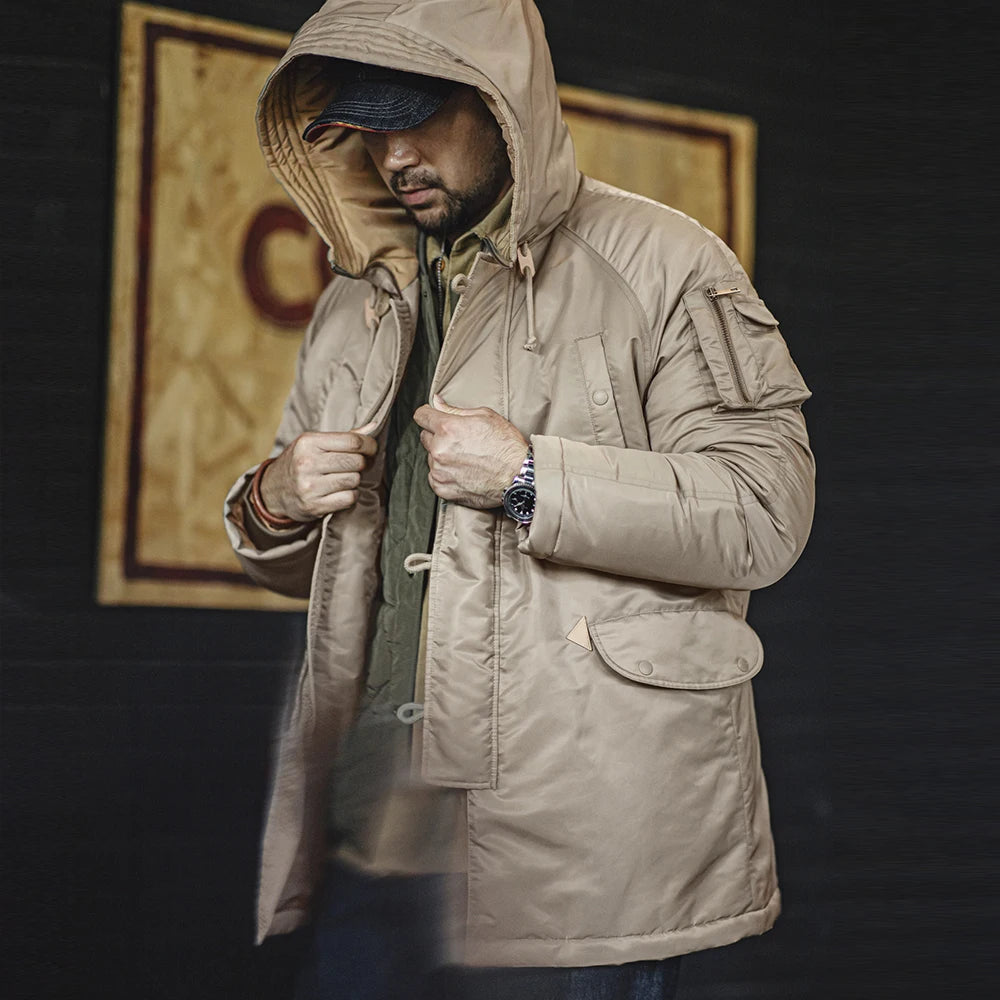Maden Retro Pilot Cotton-padded Jacket Thickened Mid-length Hooded Warm Coat for Men's Autumn and Winter Khaki Color Outwear