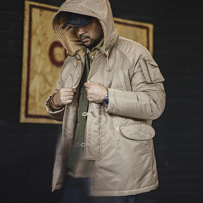 Maden Retro Pilot Cotton-padded Jacket Thickened Mid-length Hooded Warm Coat for Men's Autumn and Winter Khaki Color Outwear