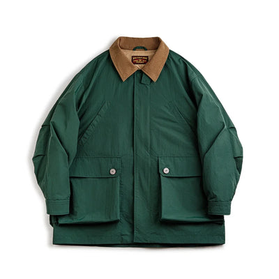 Maden Men's Retro Multi-pocket Safari Jacket Green Loose Corduroy Lapel Classic Coat Versatile Outerwear for Spring and Autumn