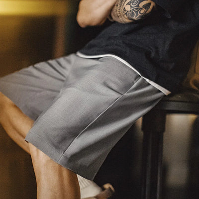 Maden Casual Solid Color Suit Shorts Men Summer Lightweight Office Shorts Elastic Waist Pockets Versatile Chino Business Bottoms