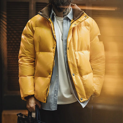 Maden Casual 90% White Duck Down Jacket Yellow Stand Collar Warm Jacket Versatile Puffer Coat for Men Fall and Winter Outerwear