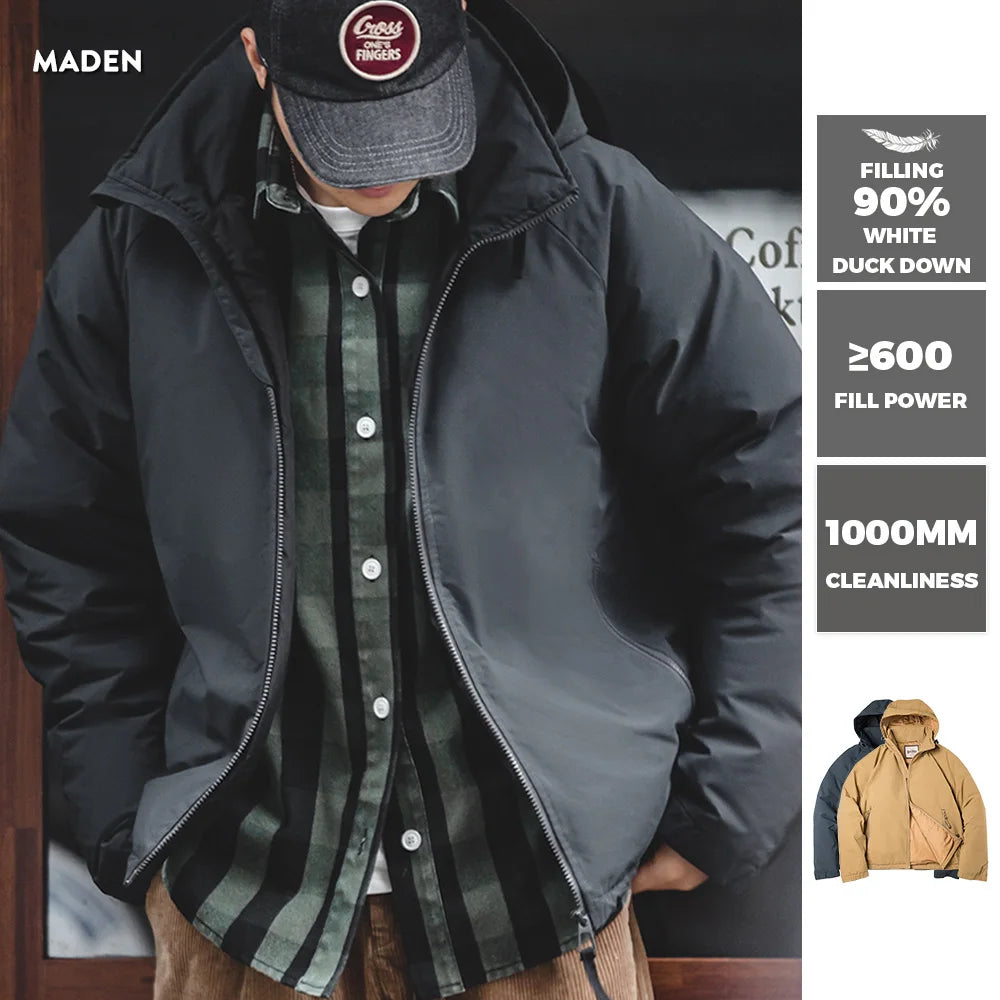 Maden Winter Hooded Down Jacket for Men White Duck Down Filling Thickened Warm Outer Coat Outdoor Windproof Parkas Black Jacket