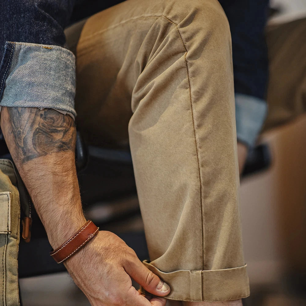 Maden Vintage Heavyweight Khaki Casual Pants Twill Cotton Straight Pants  for Men's Autumn Workwear Classic Zip Fly Trousers