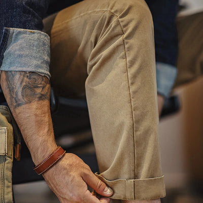 Maden Vintage Heavyweight Khaki Casual Pants Twill Cotton Straight Pants  for Men's Autumn Workwear Classic Zip Fly Trousers