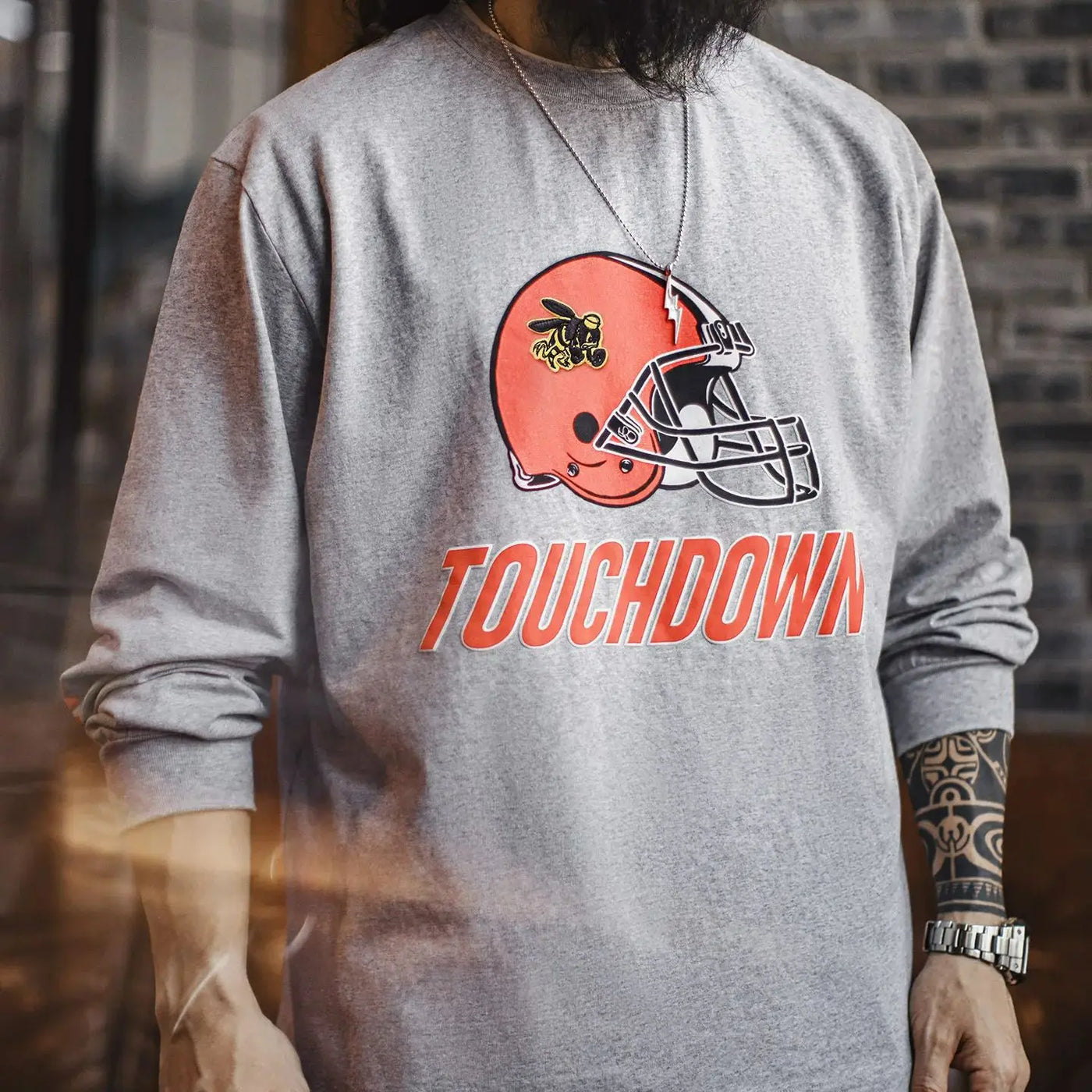 Maden Men's Vintage Embroidered Sweatshirt Print Crew Neck Hoodie Loose Fit Gray Casual Cotton Pullover for Spring and Fall