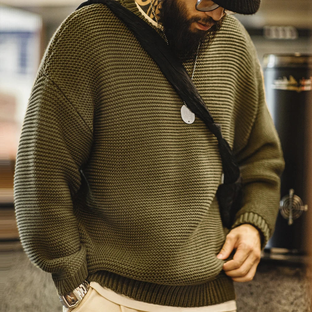 Maden Retro Heavyweight Knitted Sweater Loose Round Neck Pullover Warm Versatile Base Layer Knitwear for Men's Autumn and Winter