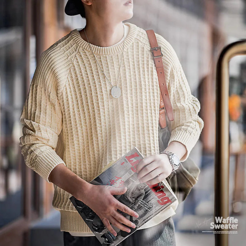 Maden Autumn Waffle Round Neck Knit Sweaters Casual Warm Solid Pullover Classic Fashion Loose Jumper for Men Tops Clothing