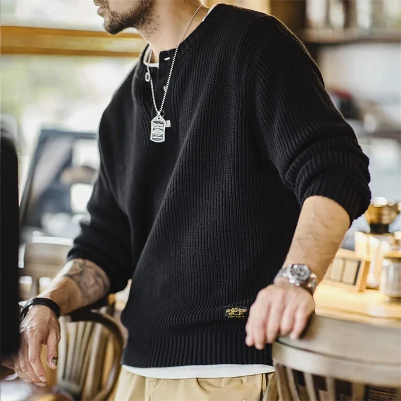 Maden Workwear American Retro Black Knitted Henley Shirt Vertical Stripe Pullover Sweater for Men Autumn and Winter