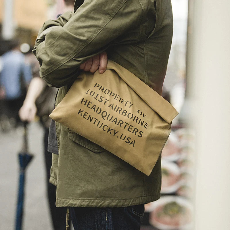 Maden Oil Wax Canvas Handbag Men's Vintage Handbags Khaki Print Purse Envelope Capacity Money Bag Magnetic Buckle Long Wallet