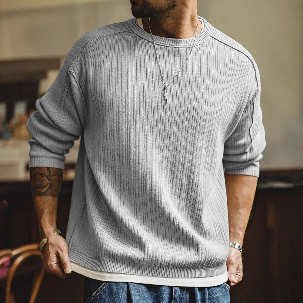 Maden Men's Vintage Striped Cotton Knitted Sweater Gray Long Sleeve Patchwork Pullover Casual Knitwear Tops for Fall Spring