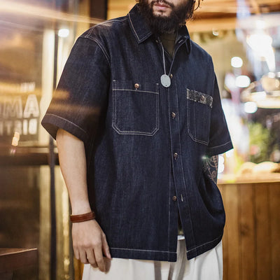 Maden Retro Boro Denim Short Sleeve Shirt Men Summer Indigo Dyed Lapel Single Breasted Casual Overshirt Street Outfits Blouse