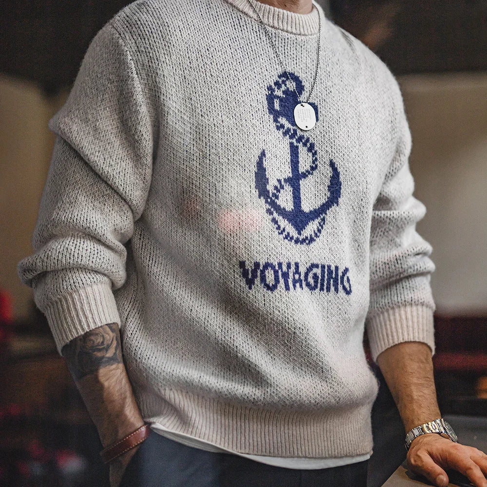 Maden Retro Knitted Printed Sweater Versatile Warm Ribbed Round Neck Pullover for Men's Autumn and Winter Base Layer Tops