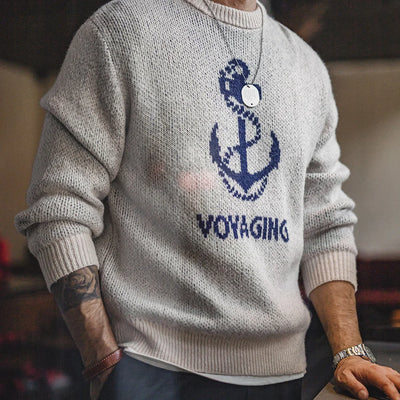 Maden Retro Knitted Printed Sweater Versatile Warm Ribbed Round Neck Pullover for Men's Autumn and Winter Base Layer Tops