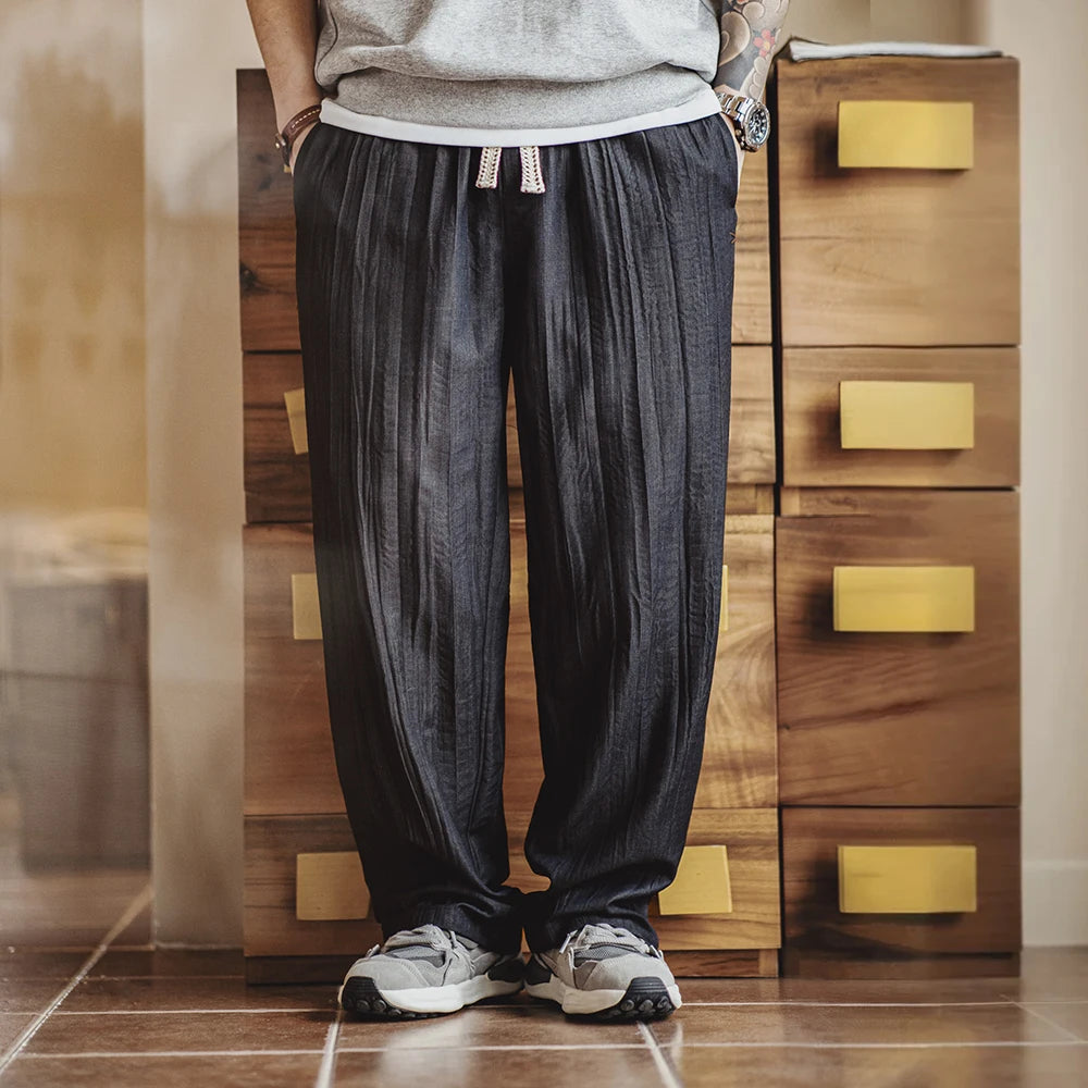 Maden Casual Water Wave Pleated Pants Men's Spring and Summer Cityboy Style Loose Fit Trousers with Elastic Waist Cool TR Bottom