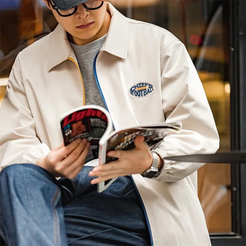 Maden Men Stadium Jackets Autumn Windproof and Wrinkle-resistant Coats Blue and Yellow Color Collision Zipper Streetwear Jackets