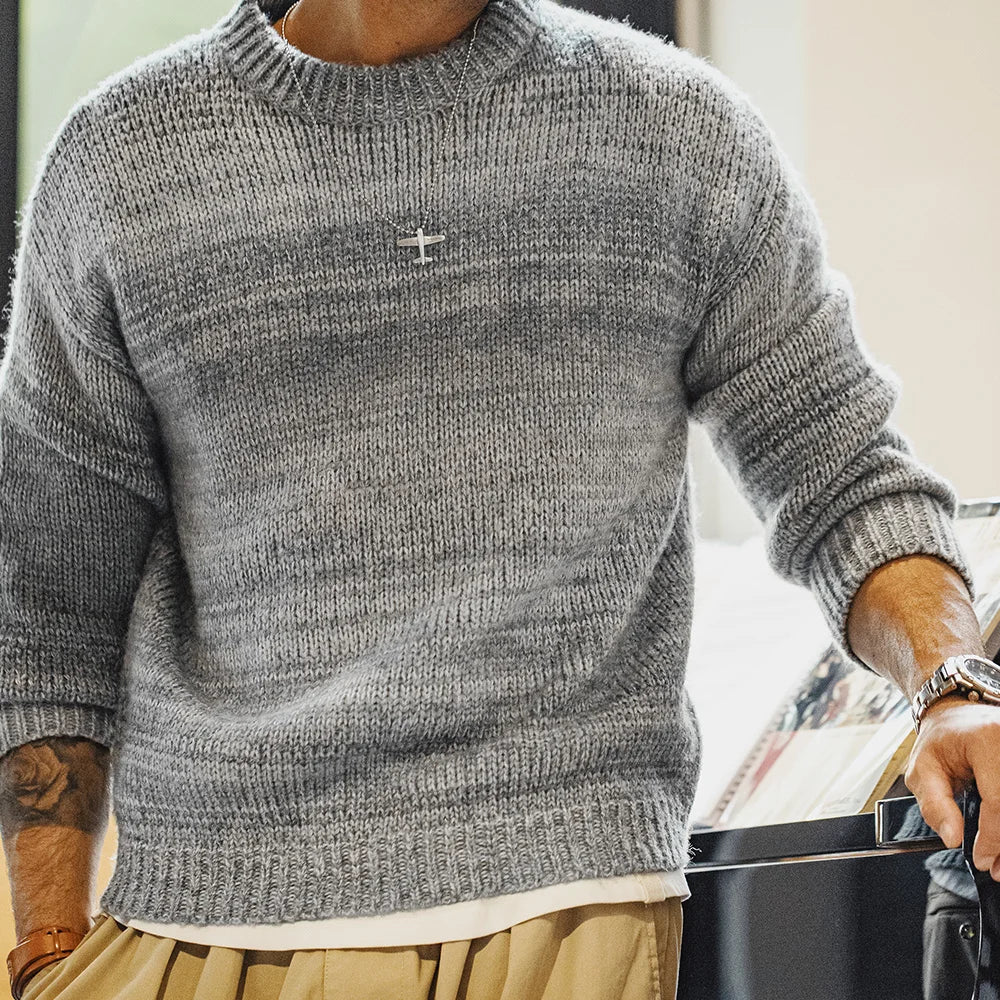 Maden Men's Autumn Winter American Vintage Gradient Stripe Sweater Pullover Round Neck Blended Knitwear
