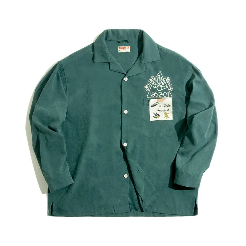 Maden Retro Solid Color Long Sleeve Shirts with Single Breasted Lapel Pocket Embroidery Design Loose Shirt for Men's Autumn Tops