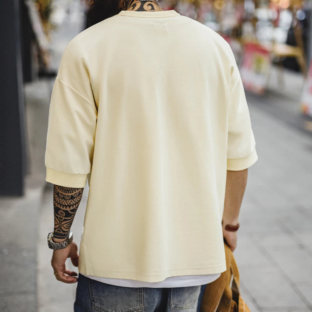 Maden New Casual Loose Fit Crew Neck Short Sleeve T-Shirt Men's Summer Basic Beige Breathable Tee Versatile Cotton Street Top