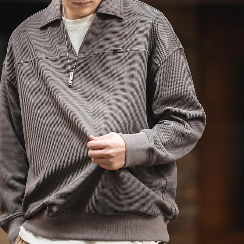 Maden Waffle V-neck Polo Shirt for Men Soft and Skin-friendly Sweatshirt Autumn Loose-fit Versatile Pullovers Solid Lapel Tops