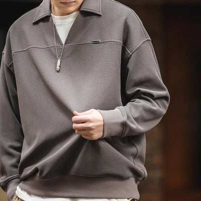 Maden Waffle V-neck Polo Shirt for Men Soft and Skin-friendly Sweatshirt Autumn Loose-fit Versatile Pullovers Solid Lapel Tops
