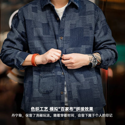 Maden Retro Boro Cloth Denim Shirts with Lapel Collar Patchwork Design Long-sleeved Shirt for Men's Spring and Autumn Tops