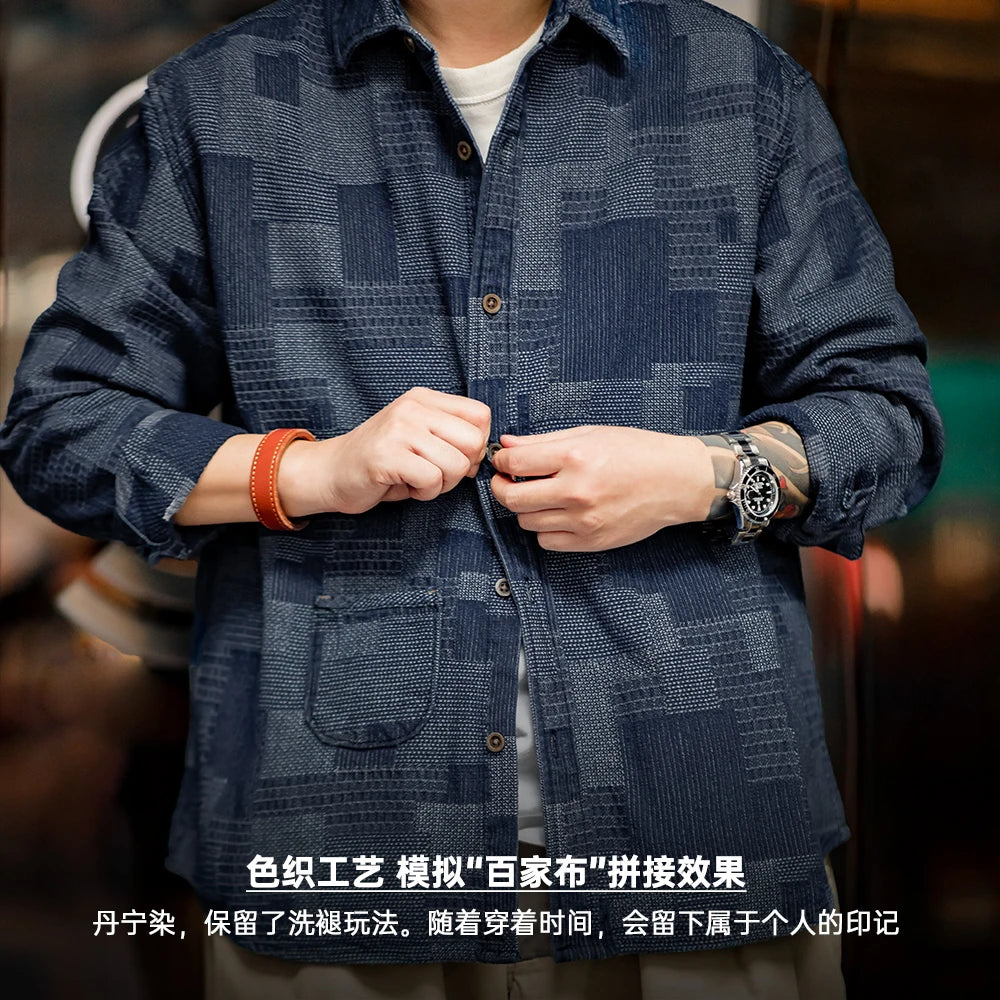 Maden Retro Boro Cloth Denim Shirts with Lapel Collar Patchwork Design Long-sleeved Shirt for Men's Spring and Autumn Tops
