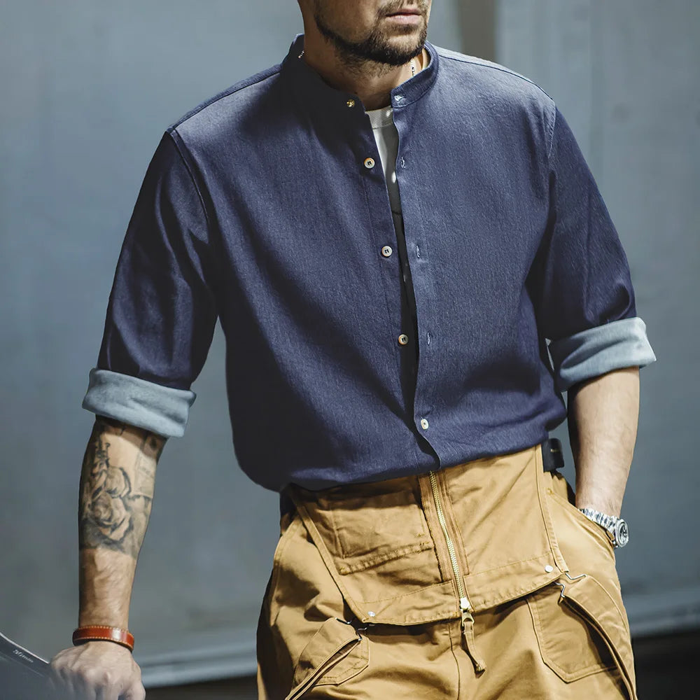 Maden Retro Cool Ice Silk Denim Shirt with Washed Round Neck Casual Solid Color Long-sleeved Shirt for Men's Autumn