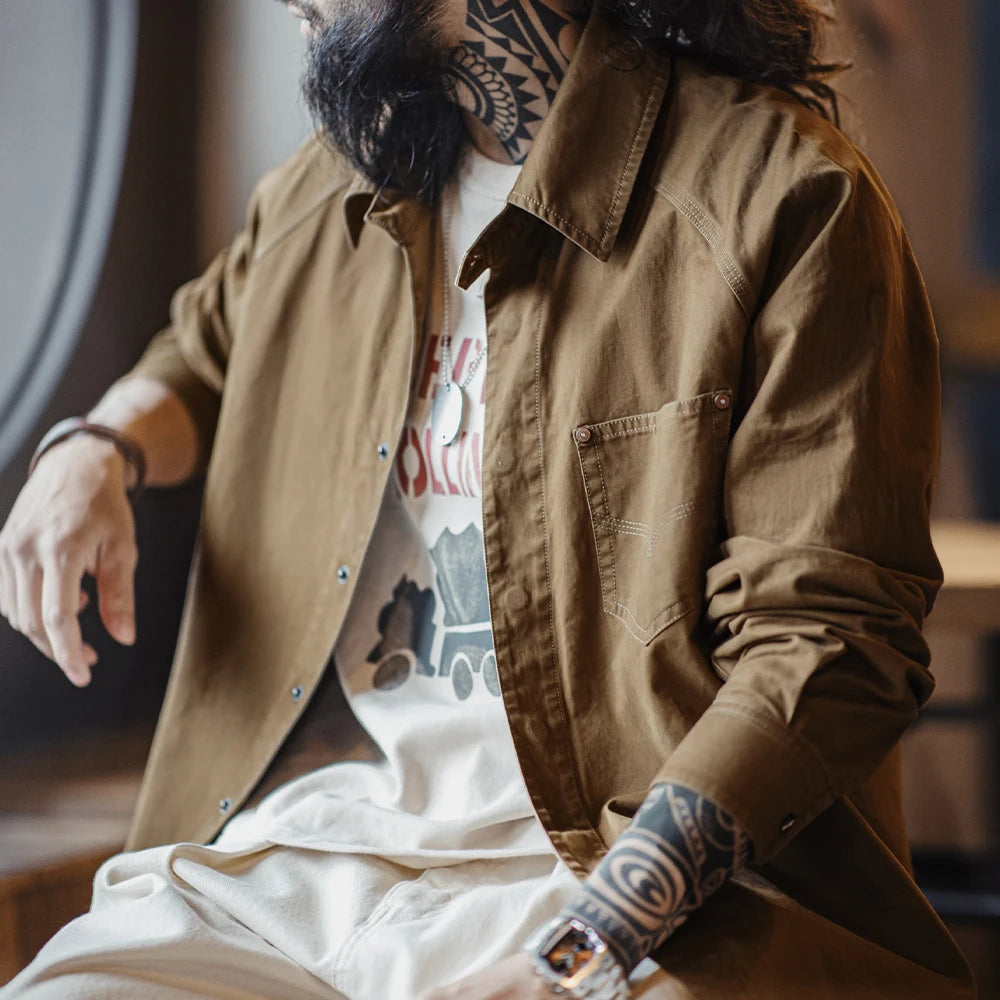 Maden Men's Vintage Print Long Sleeve Shirt Cotton Collar Chest Pocket Brown Shirt Loose Fit Casual Overshirt for Spring Fall