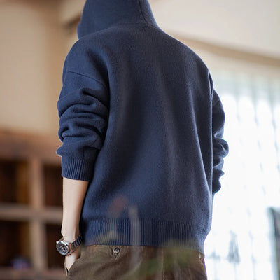 Maden Navy Blue Knitted Hoodie Heavyweight Hooded Knit Pullover Casual Men's Blended Sweater Thickened Outwear Cityboy Workwear