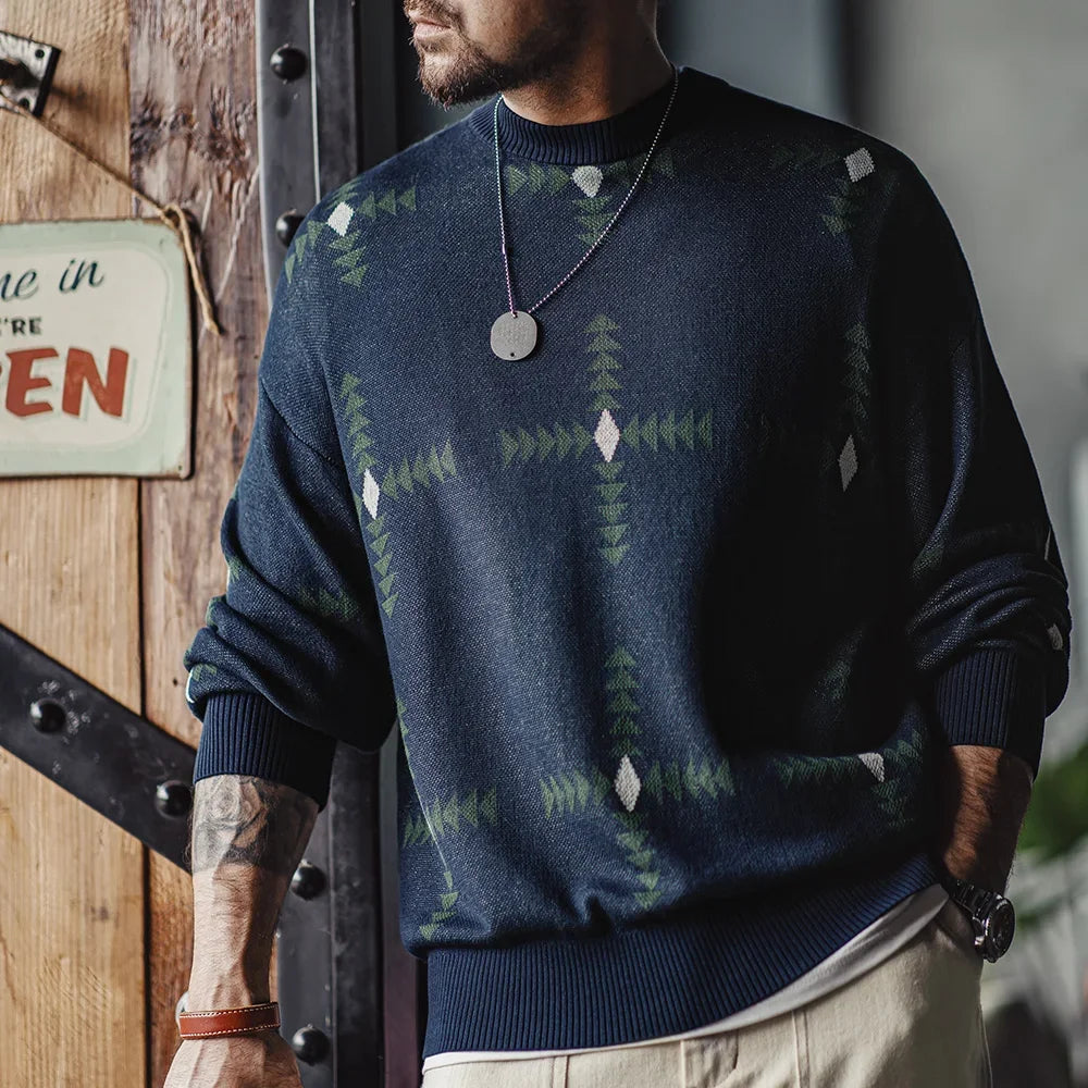 Maden Retro Geometric Pattern Knitted Sweater College Style Christmas Loose Round Neck Pullover for Men's  Fall and Winter Tops