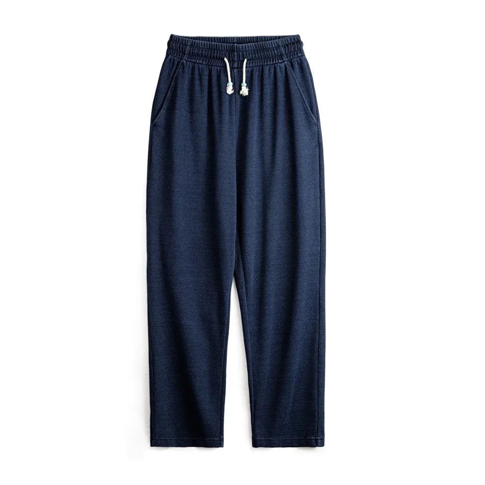Maden Men's Vintage Knit Waffle Sweatpants Loose Fit Straight Solid Pants with Elastic Waist and Drawstring Trousers for Autumn