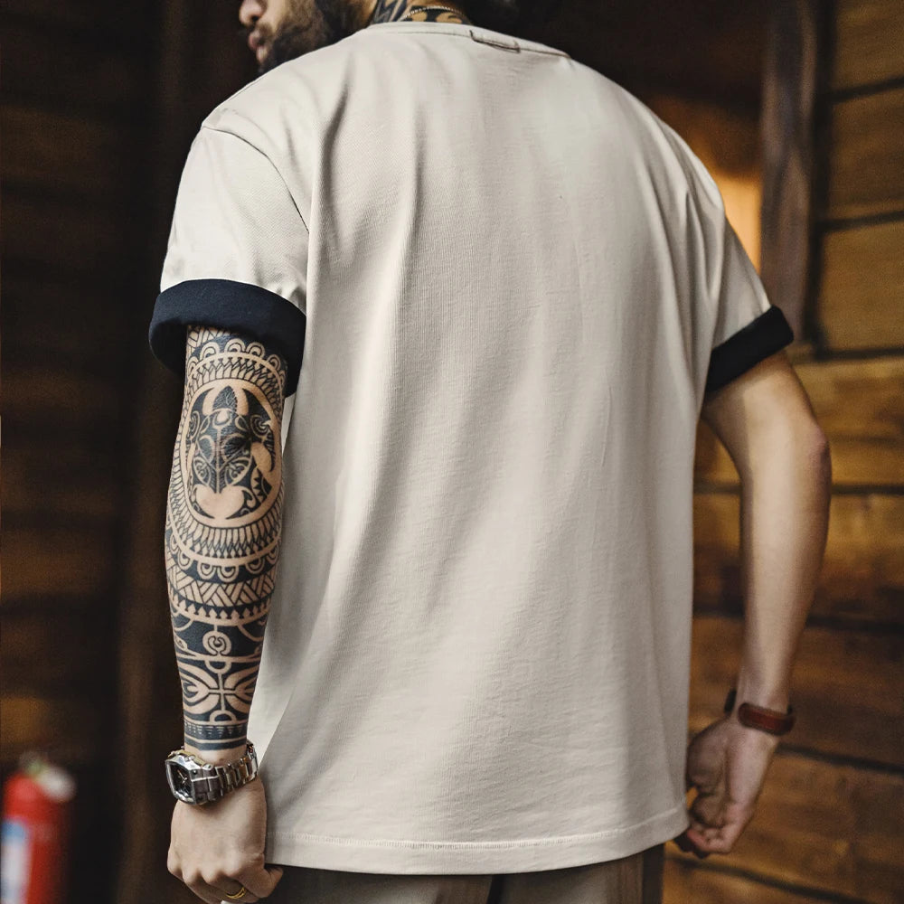 Maden Casual Printed Short Sleeve T-Shirt Men's Summer Loose Fit Heavyweight Cotton Ribbed Round Neck Tee  Versatile Street Tops