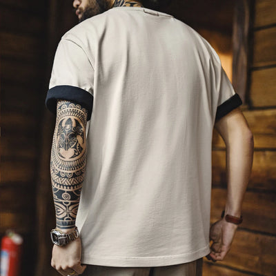 Maden Casual Printed Short Sleeve T-Shirt Men's Summer Loose Fit Heavyweight Cotton Ribbed Round Neck Tee  Versatile Street Tops